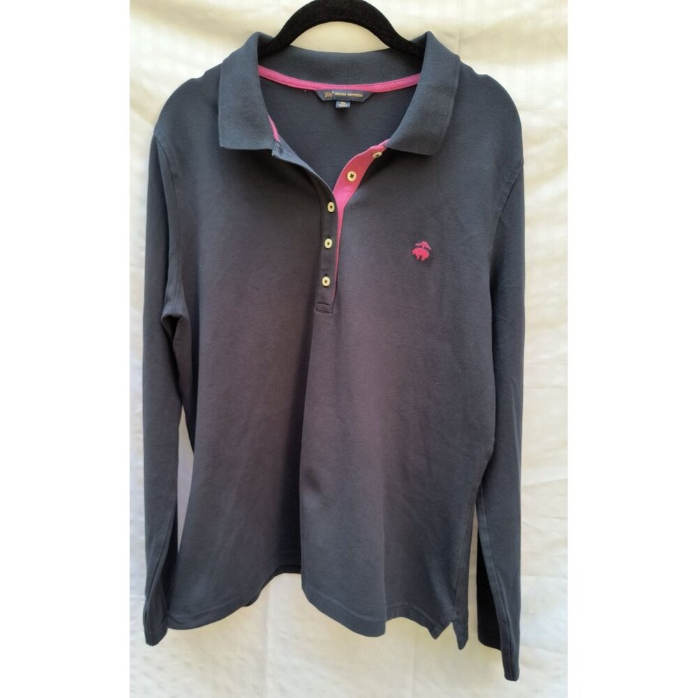 Brooks Brothers 346 Womens XL Long Sleeve Polo Shirt Dark Blue W/ Pink Highlight